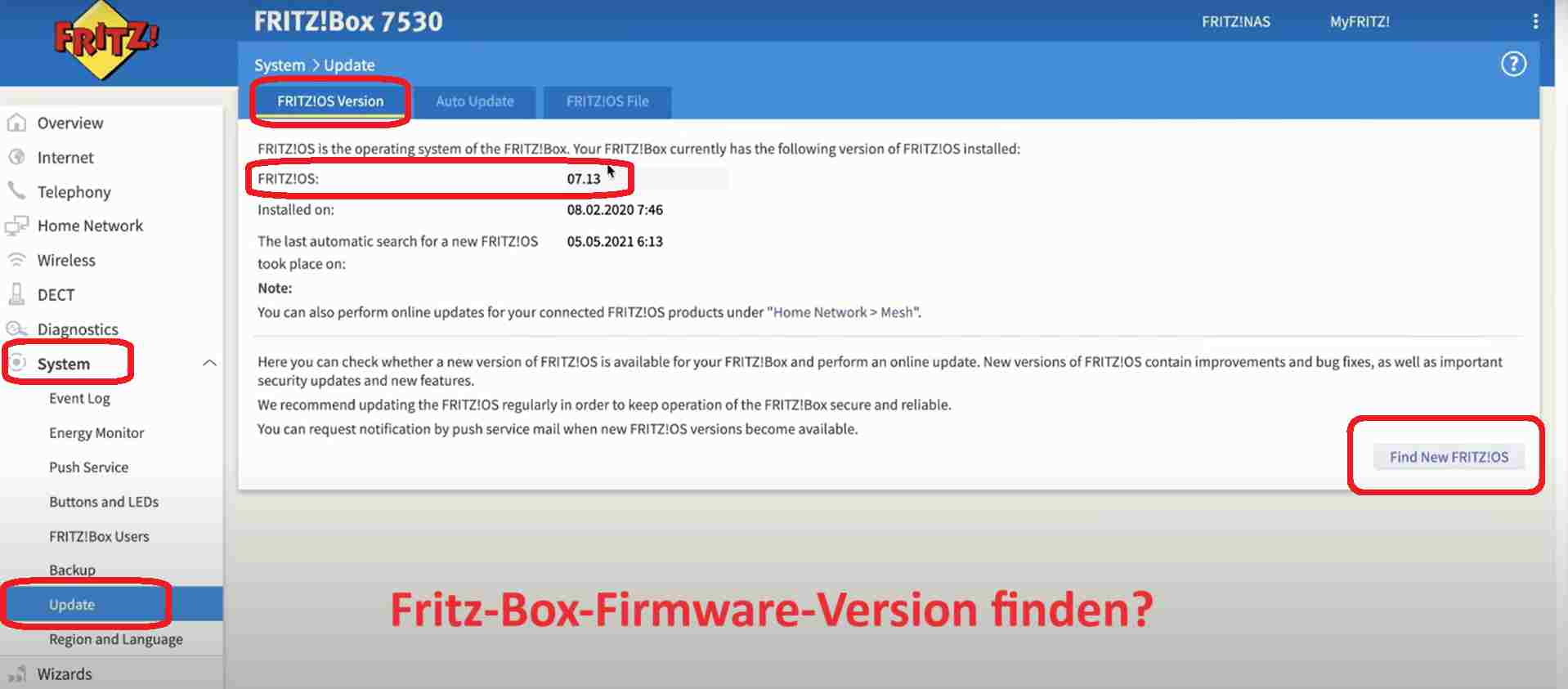 Fritz-Box-Firmware-Version finden